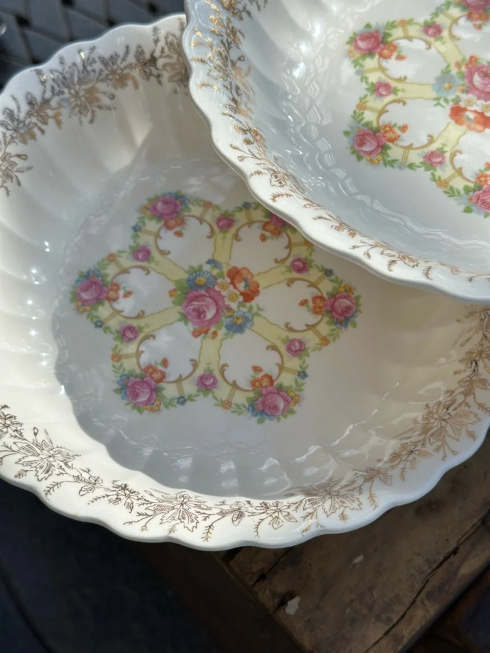 3 Vintage Franklinware Ivory Floral Scalloped Edge 22K Vegetable Bowls